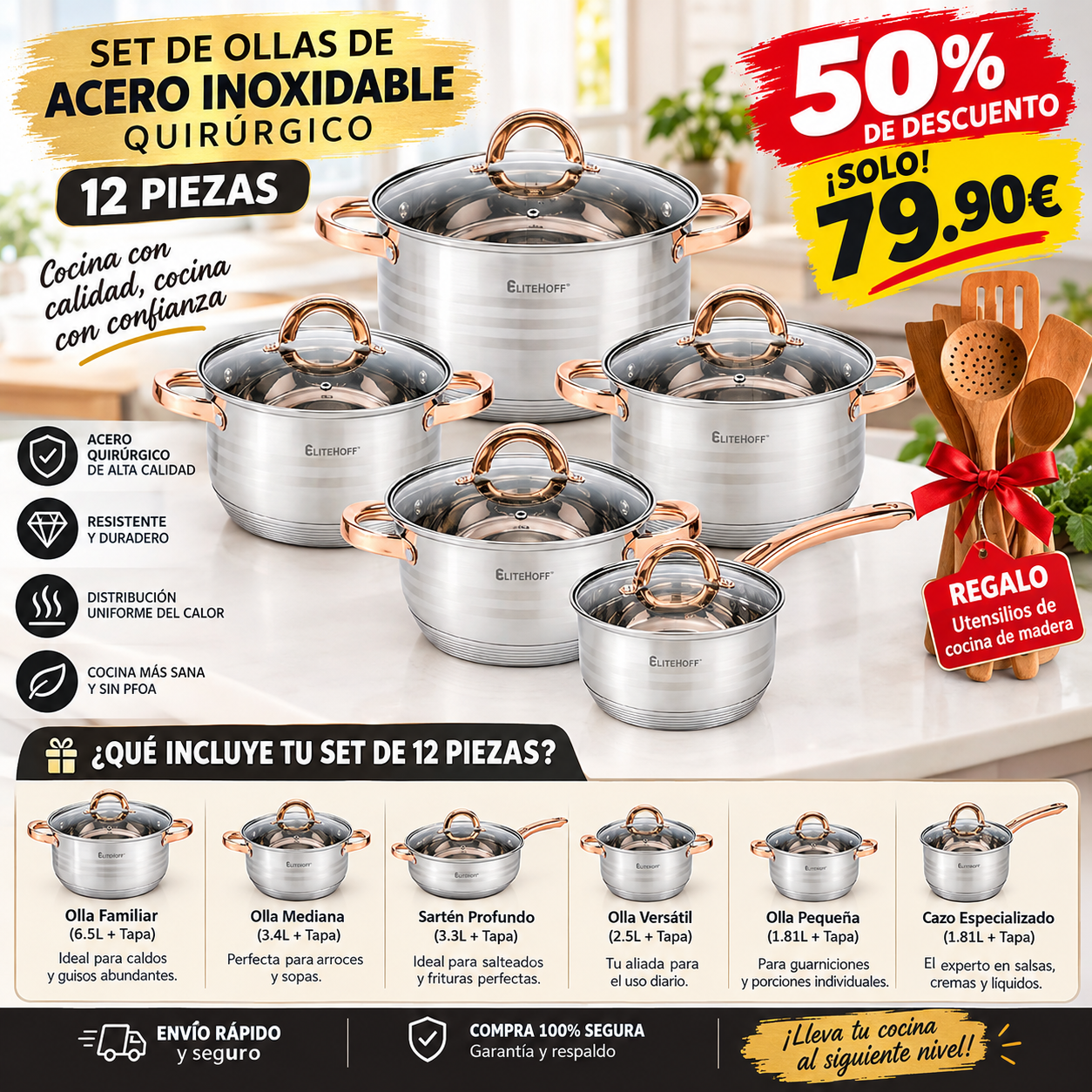 Juego de ollas en Acero Inoxidable 12 Piezas